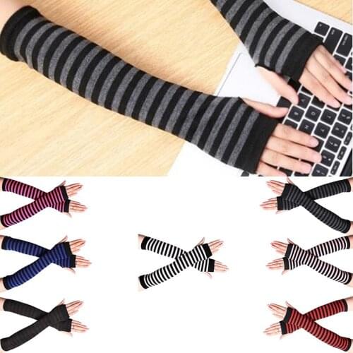 1pair Soft Striped Elbow Gloves Long Sleeve Autumn Wrist Arm Hand Arm Warmers Knitted Fingerless Gloves