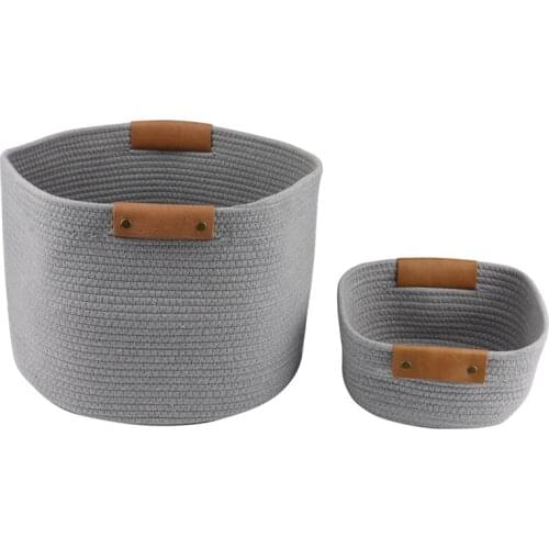 2Pcs Cotton Rope Woven Leather Handle Household Laundry Basket Cosmetics Sundry Arrangement Storage Frame
