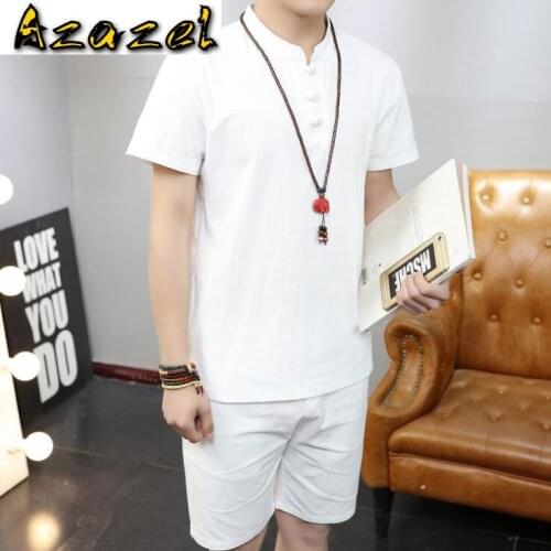 Azazel Hot Summer New Style Mens Short Sleeve Suits Men Large Size cotton and linen Chinese Style T-Shirt Set M-5XL