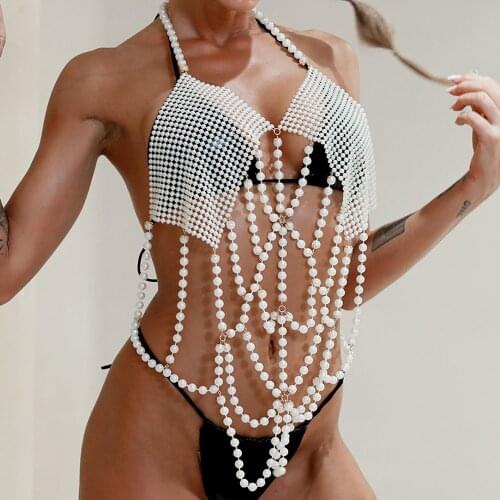 Handmade Pearl Bra Chain Women Sexy Top Jewelry Chest Chain Gothic Punk Fashion Girl Stage Show Body Chain Accessories
