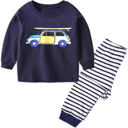 27kids Boys Cotton Pajamas Sets Toddler Babys Home Clothes Cartoon Car Pattern Long Sleeve Kids Stripe Sleepwear 2-7Years