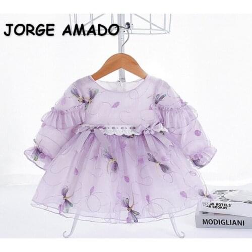 2021 New Autumn Girls Party Dresses Purple Violet Long Sleeves Lace Bow Princess Dress for Children Formal Piano Perform E6800