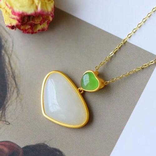 Natural Hetian Jade Love Pendant S925 Sterling Silver Gilding Inlaid Natural White Jade Pendant round Full Clavicle Chain