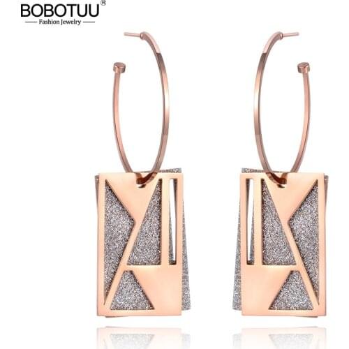 BOBOTUU Trendy Hollow Geometric Stainless Steel Jewelry Rose Gold Frosted Square Curved Disc Hoop Earrings For Women BE19017