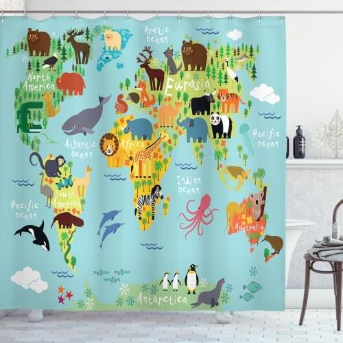 World Map Shower Curtain Set Indigenous Animals on Earth Cartoon Curtain for Bathroom Decor 12 Hooks Decorative Bath Accessory