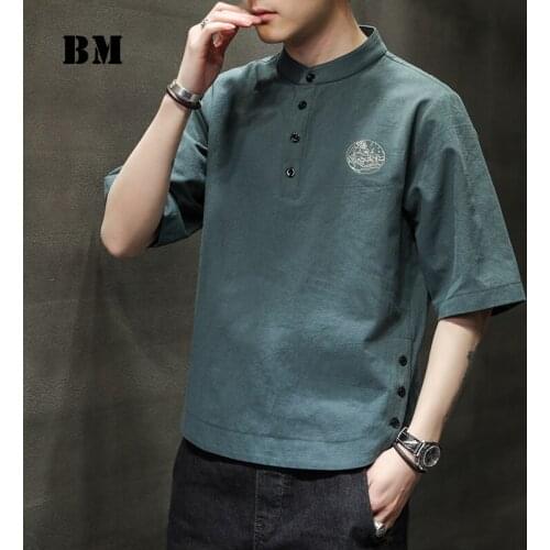 Chinese Style Linen Solid Color Casual Embroidery Loose Plus Size T-Shirt Men Clothing Harajuku Short Sleeve Stand Collar Tops