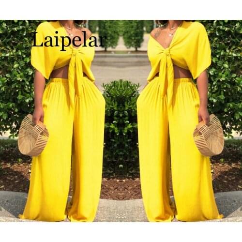 Women loose wide leg pants bandage lace up crop top 2 piece set for female women v-neck short sleeve two piece set womens suits