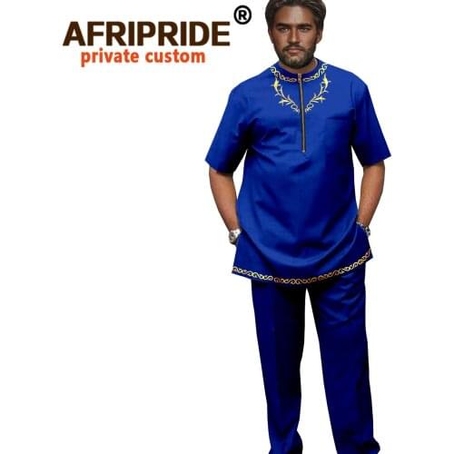 Tracksuit Men African Clothing Set Embroidery Short Sleeve Dashiki Tops Trousers Two Piece Set Dashiki Shirt Pants Suit A2116002