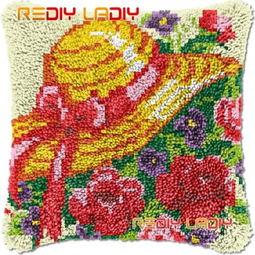 Latch Hook Cushion Hat with Rose DIY Needlepoint Kits Chunky Acrylic Yarn Arts Crocheting Lofty Pillow Case Hobby & Crafts