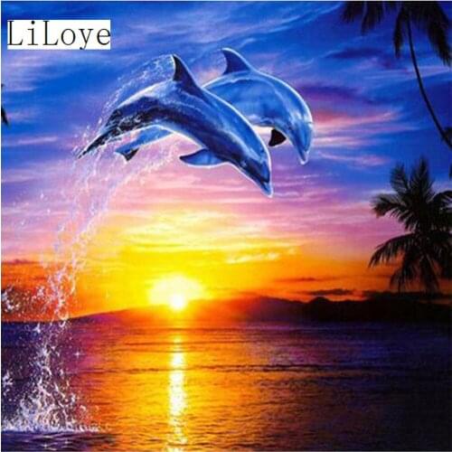 LI LOYE Diamond embroidery Dolphin sunset Diamond painting full square rhinestones Mosaic drawings Home decor crafts drills FZ93