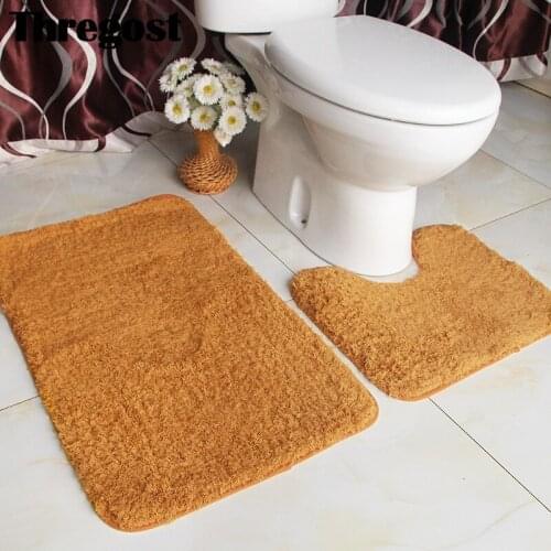Thregost Soft Bathroom Rug 2pcs/Set Polyester Anti Slip Mat for Shower Toilet Carpet Set Solid Water Absorbent Floor Mats