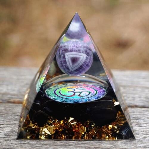 Handmade Orgonite Pyramid 60mm Amethyst Crystal Sphere & Obsidian Quartz HEALING Cristal Reiki Orgone Chakra EMF Protection
