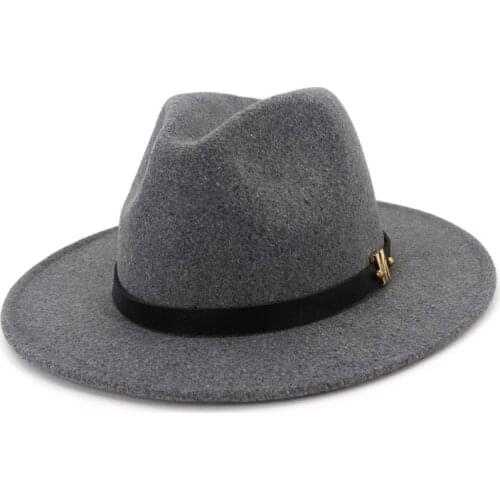 Autumn Winter Wide Flat Brim Wool Fedora Hats with Belt European US Fashion Jazz Formal Top Hat Chapeau Black Cap for Men Women