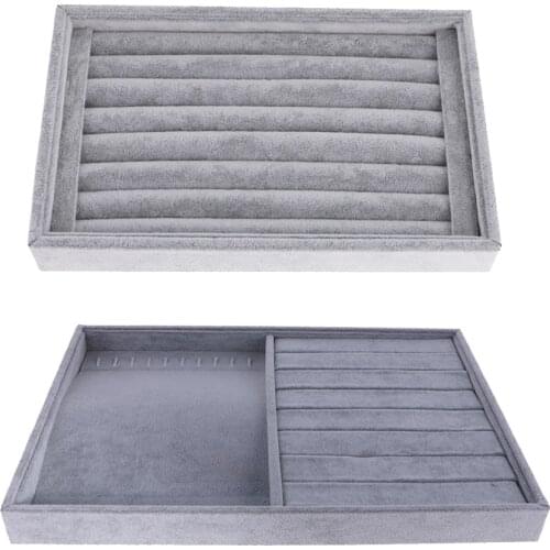 2 Pieces Grey Velvet Retail Jewelry Necklace Ring Display Organizer Tray Holder Case