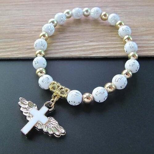 Retro Angel Wing Cross Pendant Unisex Bracelet Traditional Acrylic DIY Handmade Beads Bracelet for Church Event Daily Wear