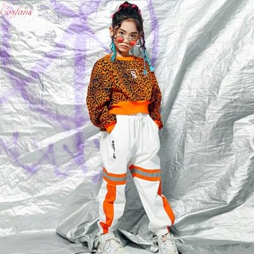 Girls Leopard Crop Top Hooded Jogger Trousers Kids Dance Costumes For Jazz Street Performance Set Hip Hop Costume street dance