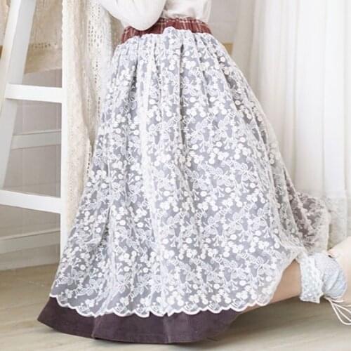 Sweet Mori Girl Lace Patchwork Corduroy Cotton Loose Medium Long Skirt Elastic Waist Long Skirts for Women Female Casual Skirts