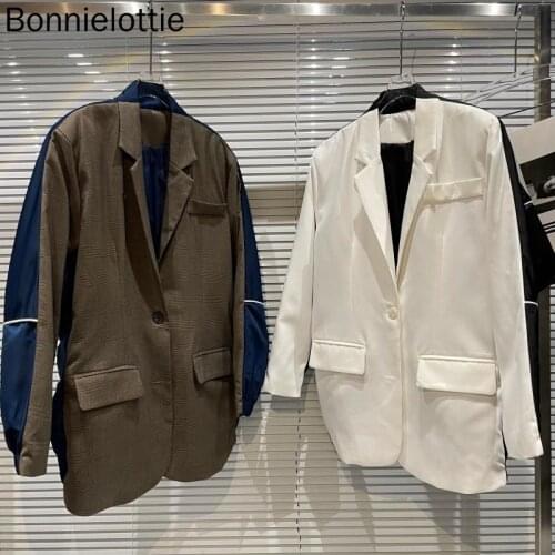 2021 Autumn Splicing Contrast Blazer Women Suit Casual Fashion Show Back Reflective Strip Suit Jacket Turn Down Collar Luxury