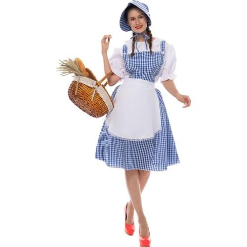 Reneecho Women Grand Heritage Dorothy Costume Wizard of Oz Dorothy Costume For Adults Blue Maid Fancy Dress With Apron Bonnet