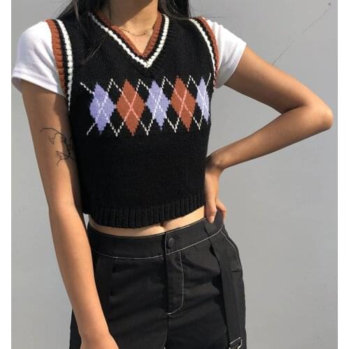 2021 Women Sweater Vest V-Neck Geometrical Print Sleeveless V-Neck New Fashion Hot Sale High Street Style Casual Ladies Clothing