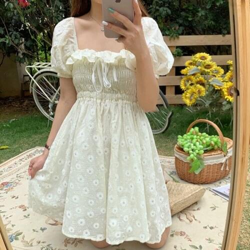 SLPBELY Women Dress Summer White Daisy Flower Printed Square Collar Mini Dress Puff Sleeve Sweet Slim Korean Vintage Dress New