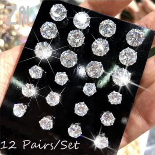ZN 12 Pair/Pack Lovers AAA CZ Colorful Shiny Wedding Stud Earrings Set for Women Men Crystal Jewelry Accessories Earing