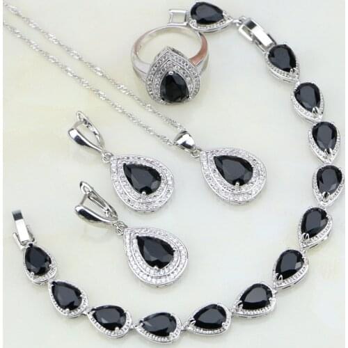 925 Silver Jewelry Black Mystic White CZ Jewelry Sets For Women Wedding Earring/Pendant/Necklace/Bracelet/Ring 4PCS