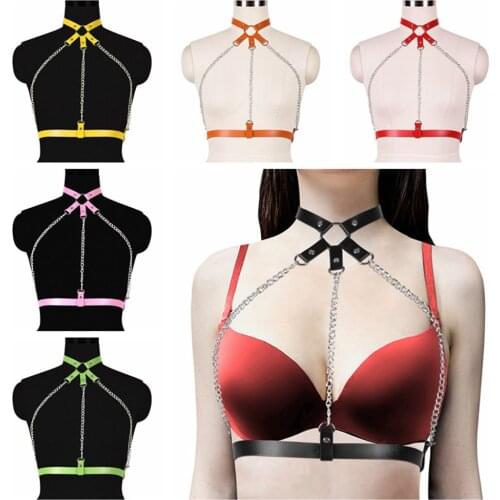 Metal Chain Accessories Erotic Leather Harness Womens Underwear Garter Belts Sexy Women Adjustable Waist Bondage Cage Bra Strap