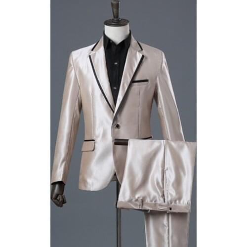 Shiny Champagne Groom Wedding Suit Host Singers Performance Costume Slim Fit Men Prom Party Stage Silver Jacket Pants 2 Pieces