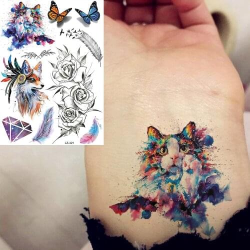 COKTAK 3D Blue Watercolour Cats Indians Feather Tribal Fox Tattoos Temporary Black Sexy Floral Fake Rose Tattoo Sticker Body Arm