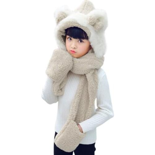 Toddler 3 In 1 Warm Plush Winter Hat Cute Bowknot Bear Ears Kids Scarf Mitten Gloves with Pockets Earflap Hoodie Cap
