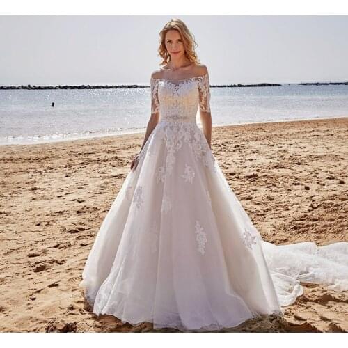 Eleglant Tulle A Line Wedding Dresses Scoop Neck Long Sleeve Lace Applique Bridal Gowns Custom Made