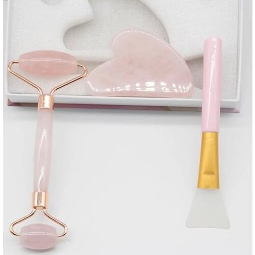 Facial Massager Rose Quartz Roller Powder Crystal Roller Jade Roller Spatula Facial Mask Brush Three-piece Beauty Face-lift Tool