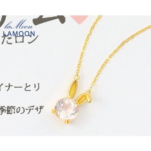 LAMOON 925 Silver Necklace For Women Natural Rose Quartz Pendant 14K Gold Plated Fine Jewelry Lovely Rabbit Korean Style NI093
