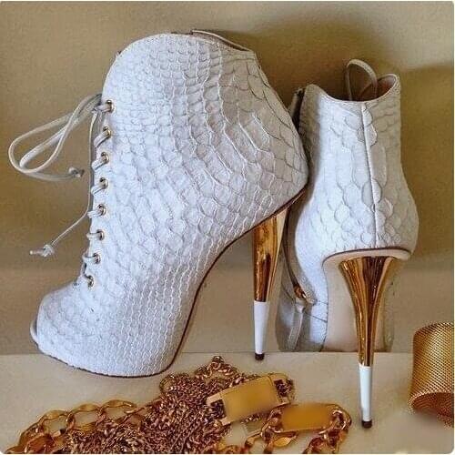 Sexy Snakeskin Leather White Boots Women Peep Toe Lace-up Women Ankle Boots Gold Heels Gladiator Short Booties Customized