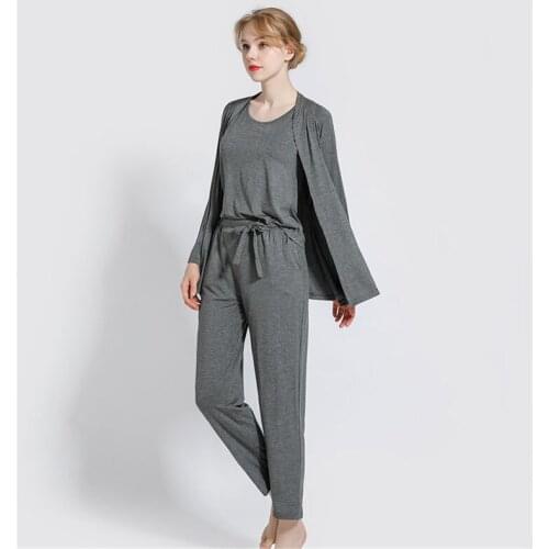 3Piece/Set Womens Modal Pajamas Set Sleepwear Full Sleeves Robe Sling Vest Pants Casual Mom Soft Solid Color Homewear