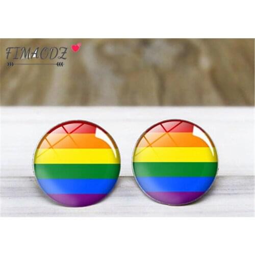 FIMAODZ Rainbow Earrings Genderqueer Transgender Gay Pride LGBT Glass Cabochon Stud Earring Fashion Jewelry for Couple