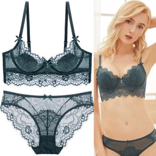 New Sexy Lace Lingerie Ultra-Thin Breathable Adjustable Chest Gathering Bra And Panty 2 Piece Set Women Underwear