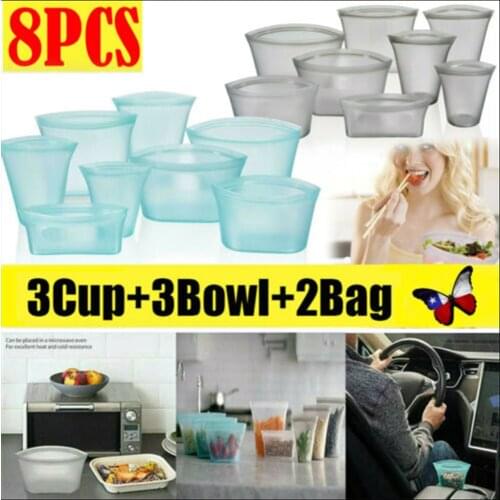 8Pcs/set Silicone Food Storage Bag Fresh Bowl Fridge Organizer Reusable Stand Up Organizer Bag Fruit Vegetable Cup Bag With Seal