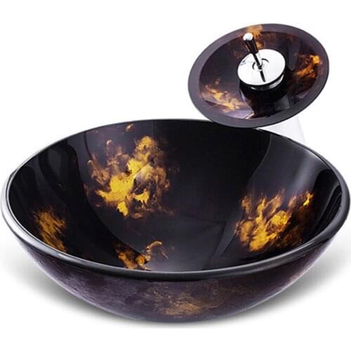 European style Bathroom tempered glass wash basin Hotel wash basin Washbasin Brass Faucet Set with Drain