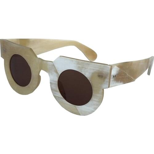 Unique Round Frame Wide Temples Rivets Handmade Matt Rough Finish Honey White Genuine Natural Horn Eyewear Frame Sunglasses