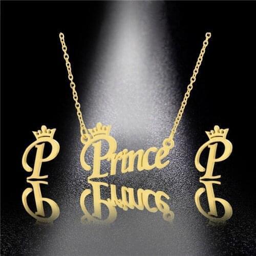 European And American Stainless Steel Lovers Simple Necklace Female Letters Princess Pendant Collarbone Chain Earrings Set