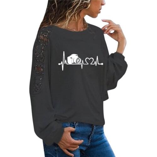 Camera Heartbeat Lifeline Print Female T Shirt Funny Teeshirt Women Clothing Casual Long Sleeve Large Size Loose Lace Tops Tee