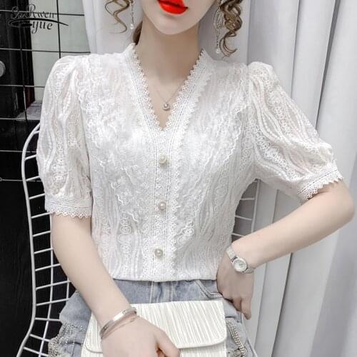 Summer New Embroidered Crochet Sweet Blouse Korean Square Neck Short Sleeve Shirt 2021 Casual Womens Tops Chic Lace Blusas 15065