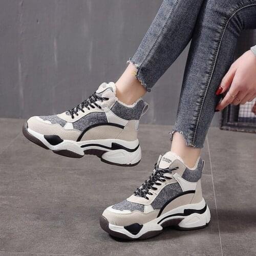 Womens Dadyy Shoes Sneakers Thick Sole Warm Plush Outdoor Running Shoes For Female Patchwork Lace Up Non Slip Ladies Footwear