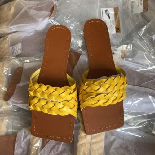 2021 Summer Square Toe Fashion Flat Women Slippers Summer Outdoor Beach Slides Double Woven Solid Color Slipper for Woman