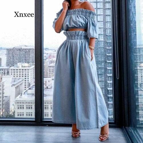 2021 Summer Solid Color Denim Womens Strapless Cropped Top Loose Wide-Leg Pants Suit Jeans Casual Sportswear Suit