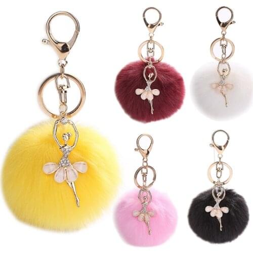Women Girls Faux Fur Plush Pom Pom Ball Keychain with Glitter Rhinestone Crystal Ballet Dancer Pendant Charm Bag Jewelry Keyring