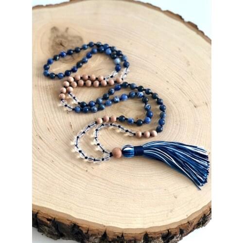 108 Mala Bead Necklace Sodalite and Rosewood Hand Knotted Necklace Meditation Tassel Necklace Yoga Jewelry