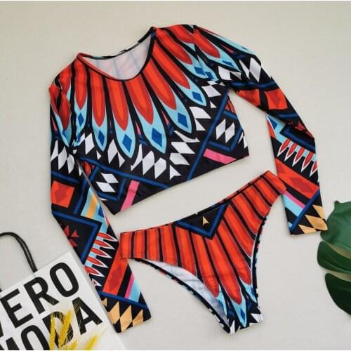 2021 Women Large XL 2XL Swimsuit Tribal Totem Printed Retro Womens Swimwear High Neck Long Sleeve Bikini Top Triangle Bottom